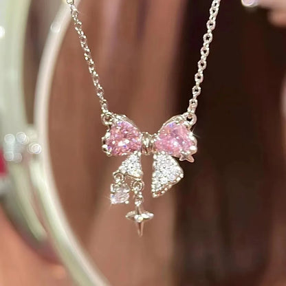 New design bow pink zircon cross pendant necklace